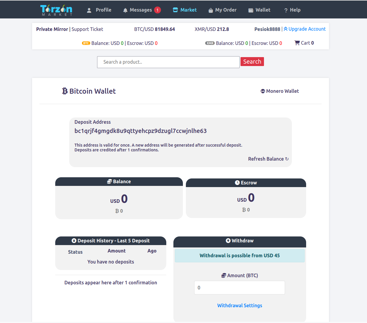 Torzon cryptocurrency wallet management 2026 screenshot